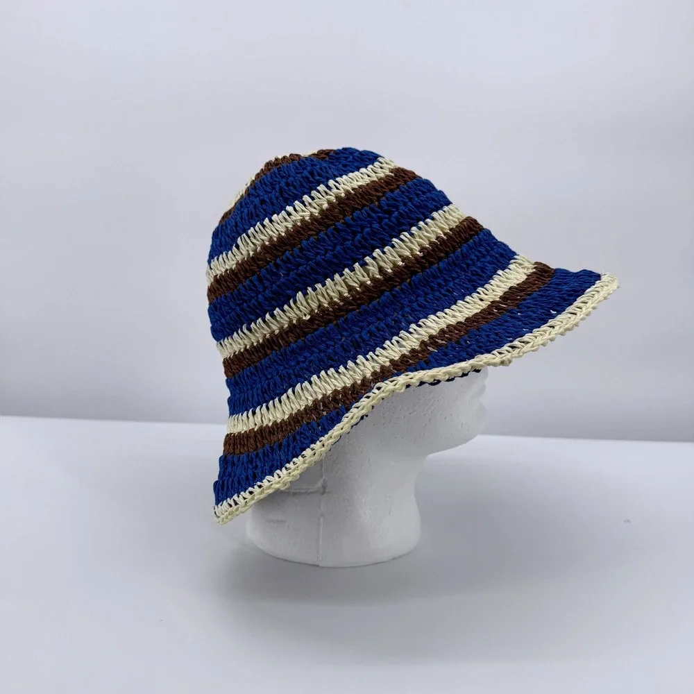 Timeless Basic Striped Straw Bucket Hat Womens OS Blue Brown Crochet Sun Hat
